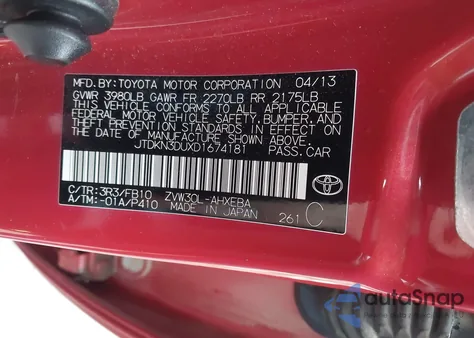 2013 Toyota Prius Two z USA, uszkodzony, nr VIN JTDKN3DUXD1674181